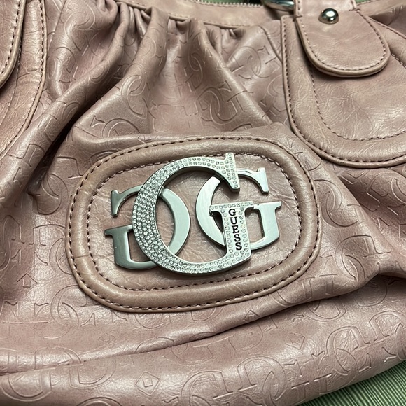 Used Pale rose GUESS purse with rhinestone G, four pockets inside, embossed, - Picture 2 of 14